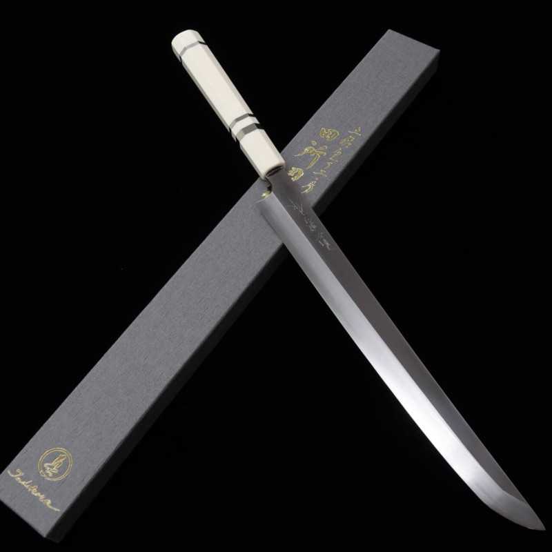 Tadokoro Hamono Makoto Finition miroir Acier argenté n°3 Takobiki à pointe ronde Manche imitation ivoire (300 mm)
