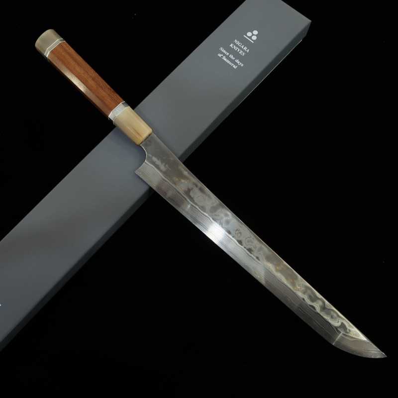 Nigara Hamono NIGARA Acier bleu n°2 × Acier blanc n°2 Coreless Damas Yanagiba bout arrondi Manche custom (300 mm)