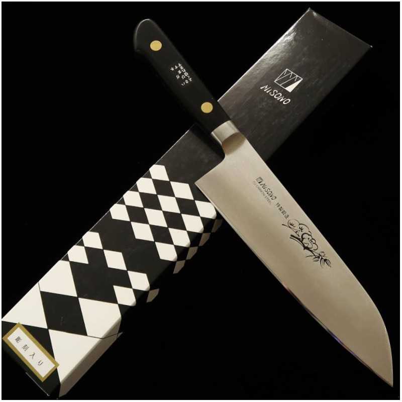 Santoku MISONO EU Carbon Engraved Knife with Black Plywood Handle (180mm)