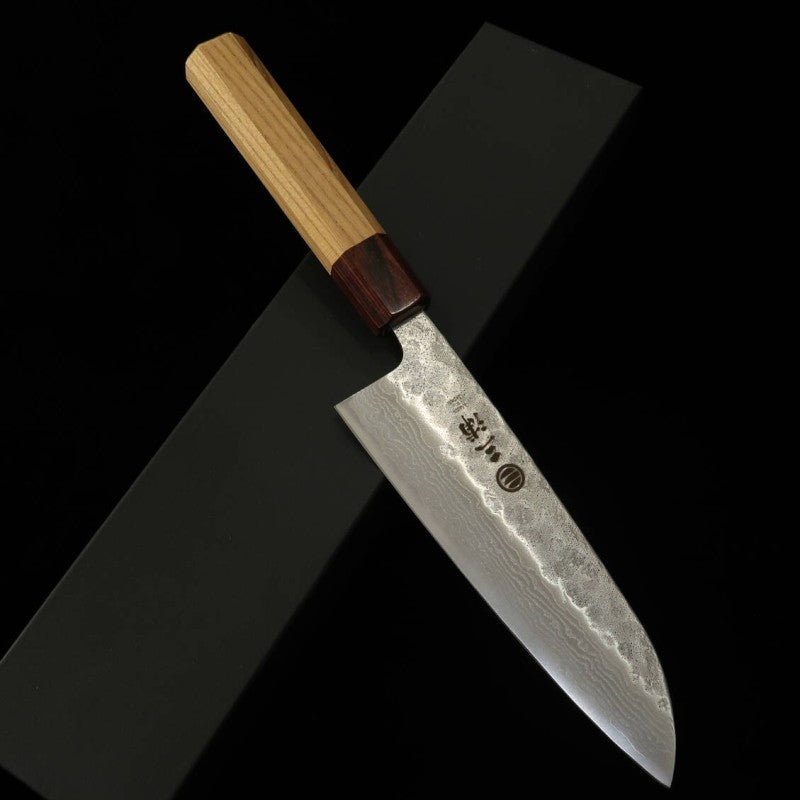 Santoku MIURA, 440C, acabado Nashiji, Damasco, mango octogonal de olmo (165mm)