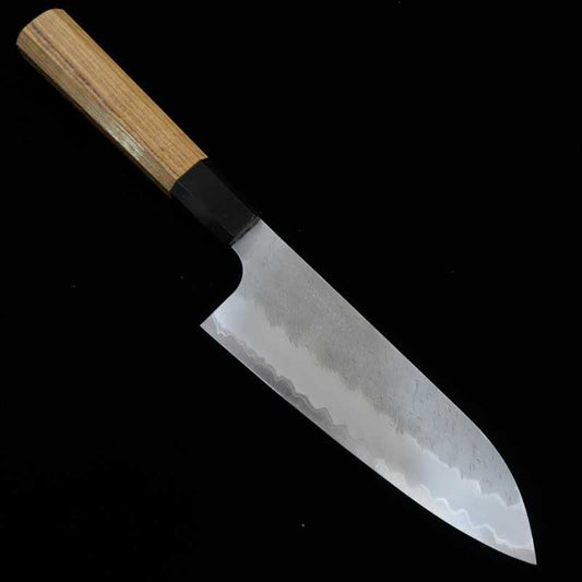 Santoku Nigara Aogami super Acabamento martelado com cabo de teca (180mm)