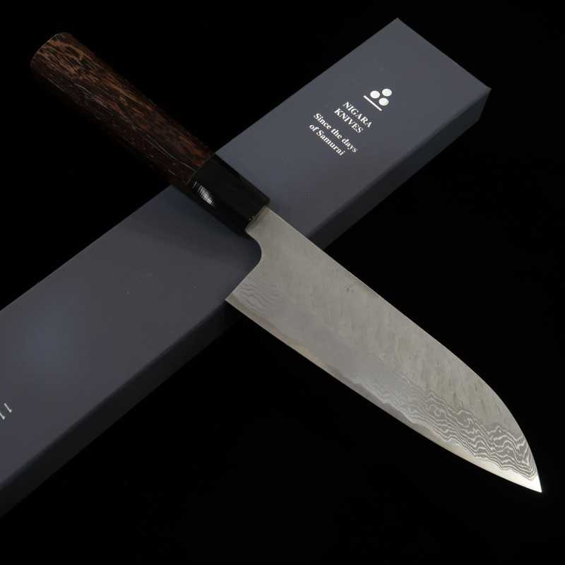NIGARA Hamono Forge VG10 Damas martelé, Santoku, manche en wengé (180 mm)