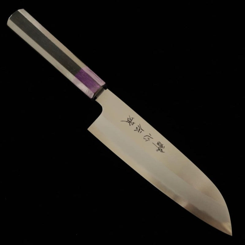 Santoku SUISIN Densho Shirogami No. 1 with ebony handle and color variations with magnolia sheath (180mm) Color: Navy