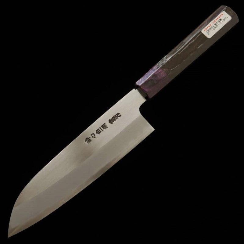 Santoku SUISIN Densho Shirogami No. 1 with ebony handle and color variations with magnolia sheath (180mm) Color: Navy