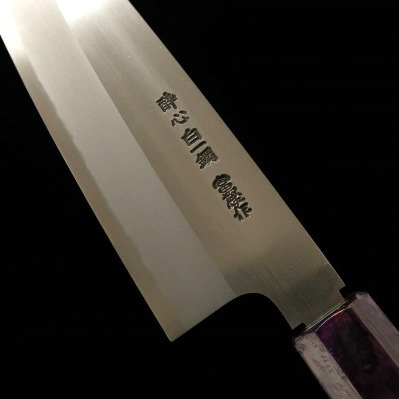 Santoku SUISIN Densho Shirogami No. 1 with ebony handle and color variations with magnolia sheath (180mm) Color: Navy