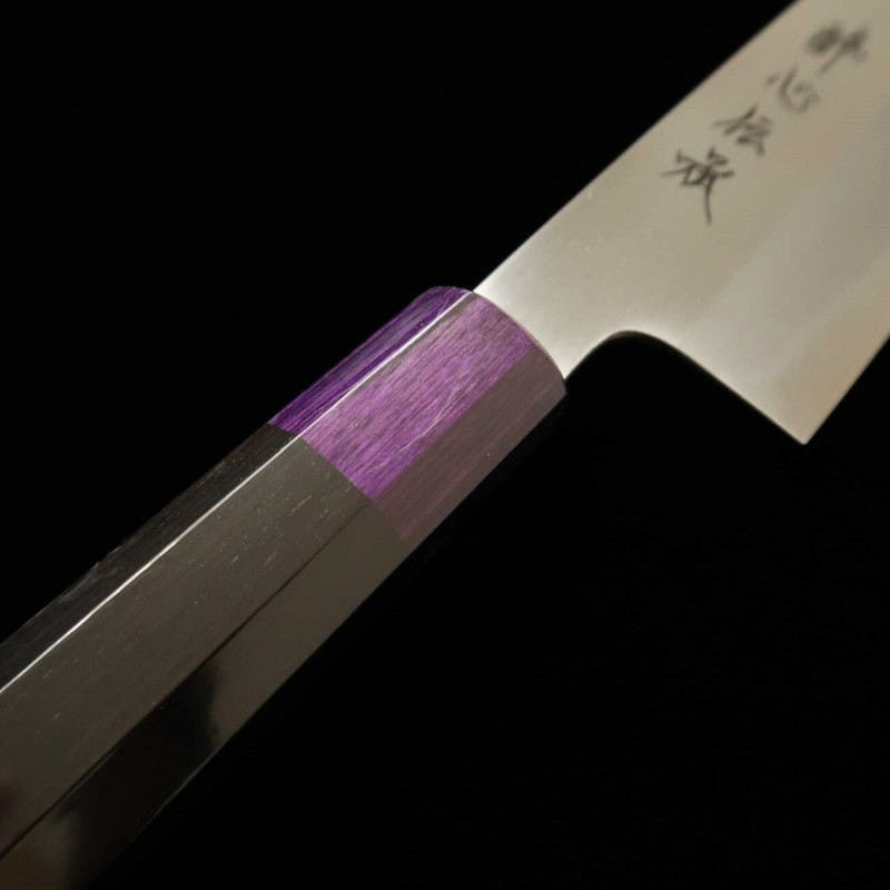 Santoku SUISIN Densho Shirogami No. 1 with ebony handle and color variations with magnolia sheath (180mm) Color: Navy