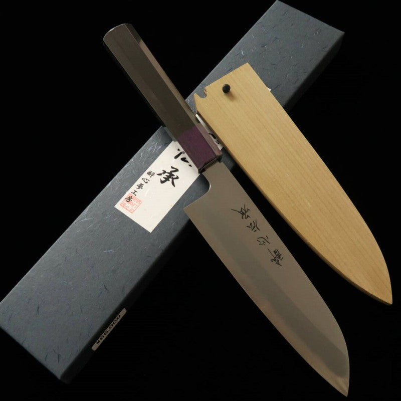 Santoku SUISIN Densho Shirogami No. 1 with ebony handle and color variations with magnolia sheath (180mm) Color: Navy