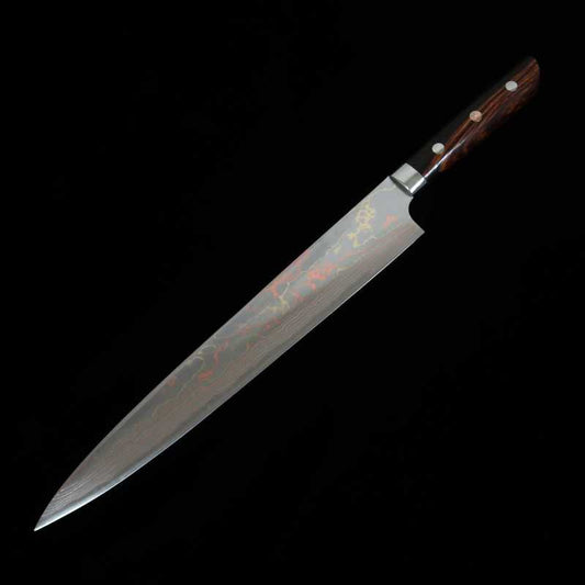 Sujihiki SAJI TAKESHI Aogami no.2 y damasco de color, mango de ironwood (270 mm)