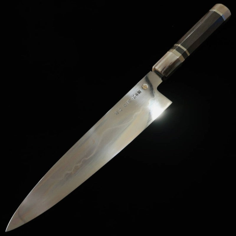 Gyuto SUISIN Fuji mizu Honyaki Shirogami No. 1 Bainha laqueada polida Bolsa Nishiki Caixa em Madeira Ikeda Miwa (270mm)