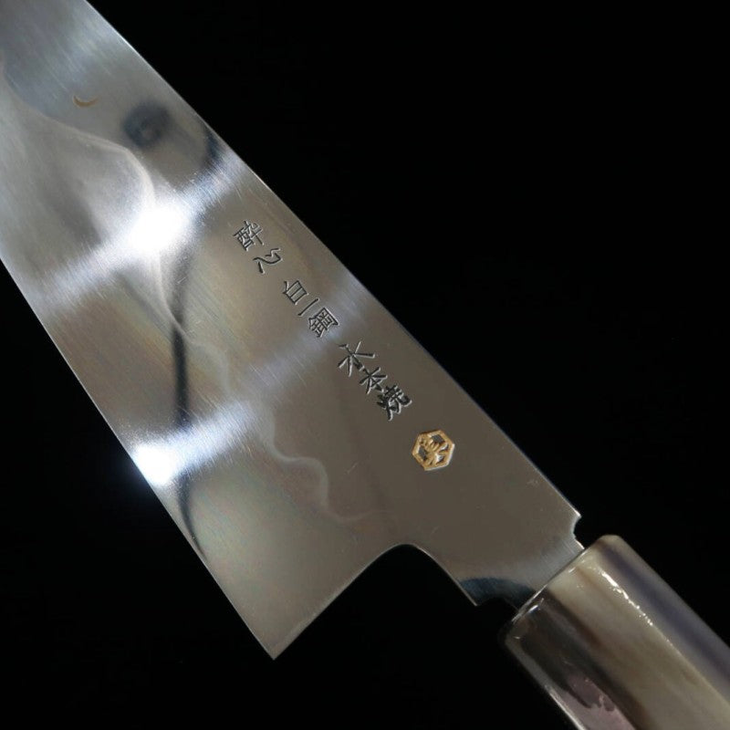 Gyuto SUISIN Fuji mizu Honyaki Shirogami No. 1 Bainha laqueada polida Bolsa Nishiki Caixa em Madeira Ikeda Miwa (270mm)