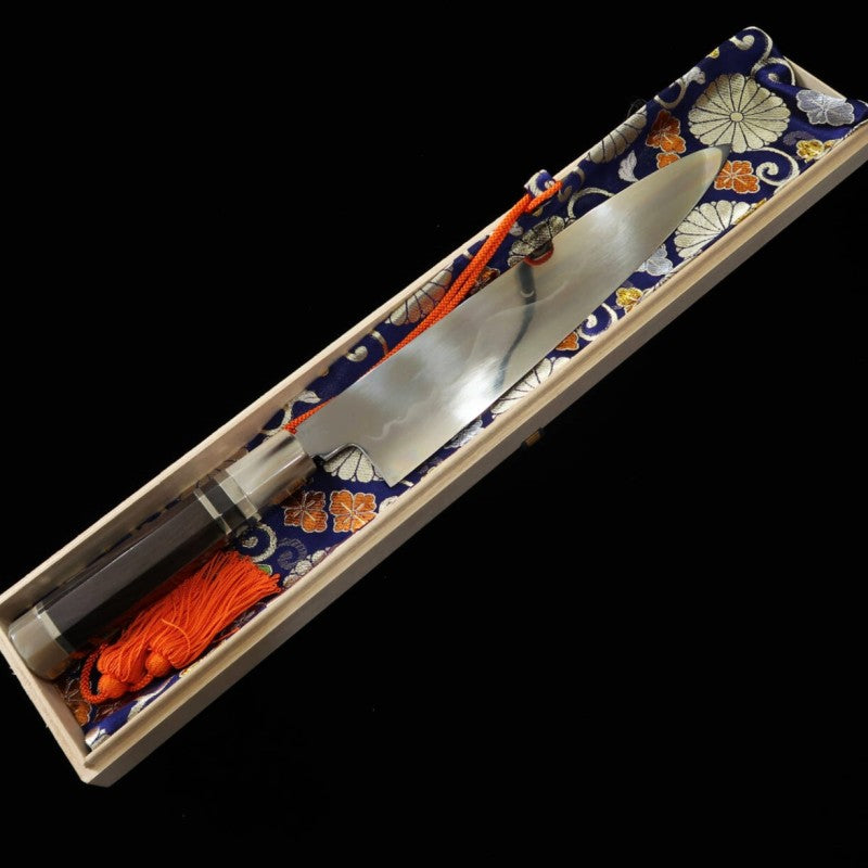 Gyuto SUISIN Fuji Mizuhonyaki Ikeda Miwa Acero Shirogami 1 Mango de ébano con anillo plateado (270 mm)