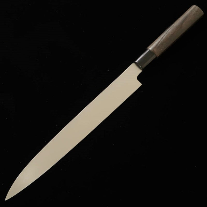 Miwa, yanagiba, acero Shirogami #1, acabado forjado en negro, mango de castaño tostado (240mm)