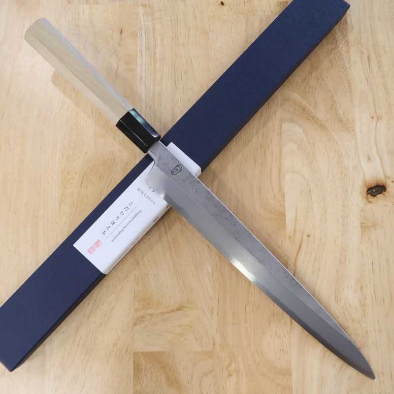 Sakai Kikumori SAKAI KIKUMORI Kikugetsu Nashiji Acier blanc n°2 Yanagiba Manche octogonal en magnolia (270/300mm)