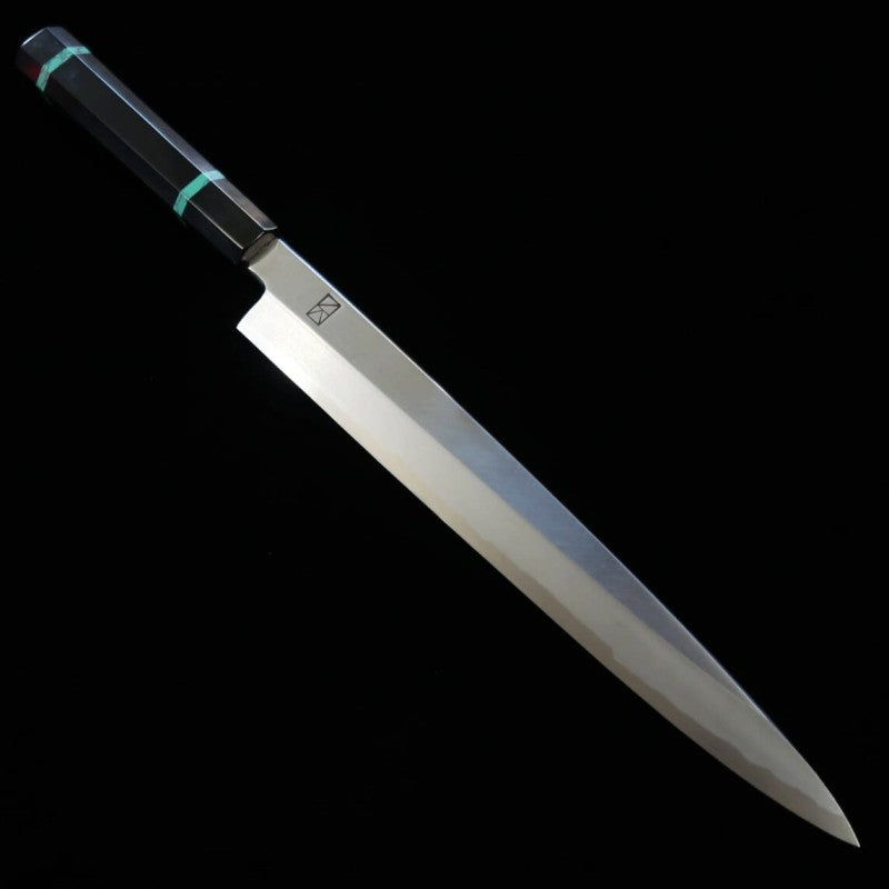 SAKAI KIKUMORI par Satoshi Nakagawa, Yanagiba - Ren - Acier bleu n°1, manche turquoise (270/300 mm)
