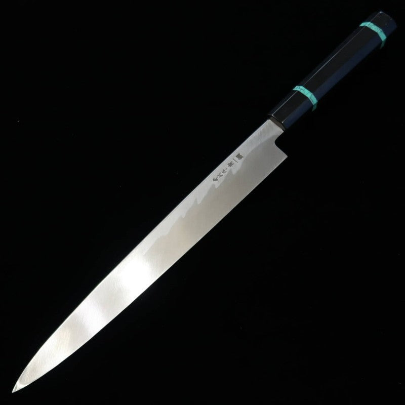 SAKAI KIKUMORI par Satoshi Nakagawa, Yanagiba - Ren - Acier bleu n°1, manche turquoise (270/300 mm)