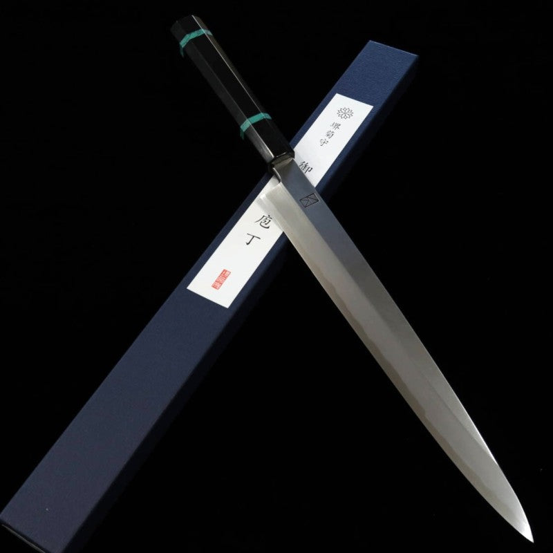 SAKAI KIKUMORI par Satoshi Nakagawa, Yanagiba - Ren - Acier bleu n°1, manche turquoise (270/300 mm)