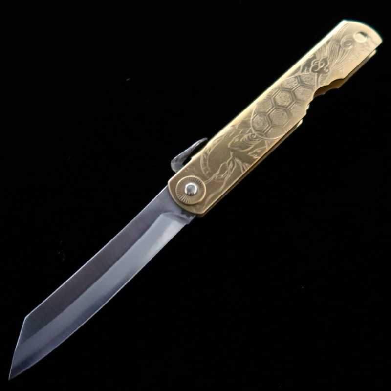 HIGONOKAMI aço Aogami Cabo em latão dividido em Genbu (72/90mm)