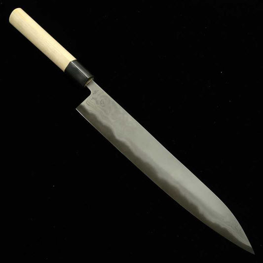 Miyazaki Kajiya Sujihiki Shirogami No. 2 Multi-layered soft iron Water-burned Tsubaki Magnolia Handle (270mm)