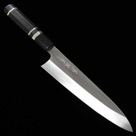Gyuto TADOKORO HAMONO Makoto Ginsan Steel Mirror Finish with Ebony Silver Wrapped Octagonal Handle (210mm)