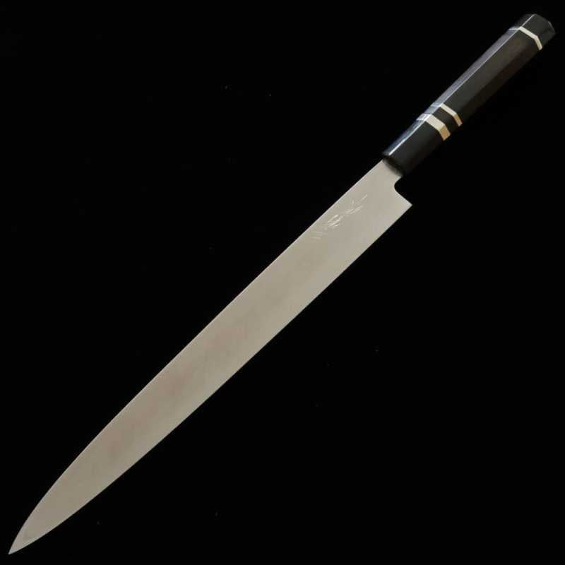 三浦 MIURA 柳刃 銀紙三号 血流し付き 黒檀銀巻柄 朴鞘 (300mm)
