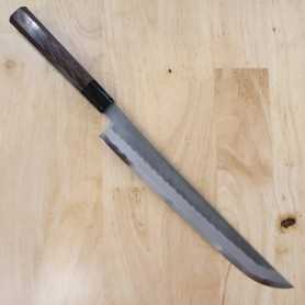 Faca japonesa sakimaru takobiki NIGARA Aço carbono super blue steel hammered kurouchi Tam:30cm