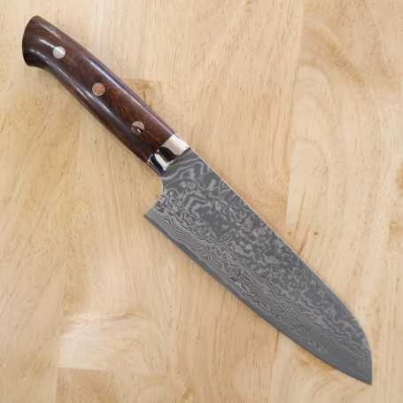 Faca japonesa santoku TAKESHI SAJI -Aço damascus R2 black finished -ironwood handle- Tam: 18cm