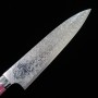 Faca japonês gyuto chef - TAKESHI SAJI - Aço Damasco R2 com acabamento diamantado - Cabo vermelho e branco turquesa - 21 cm