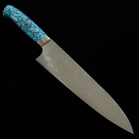 Japanese chef Knife gyuto - TAKESHI SAJI - Stainless Damascus R2 Steel diamond finish - blue turquoise Handle - Size: 21cm