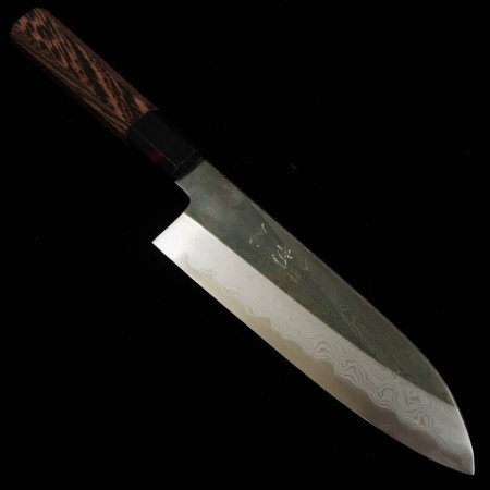 Japanese Santoku Knife - HATSUKOKORO - Satoshi Nakagawa - Blue Carbon steel No.1 - Damascus - Wenge Handle - Size: 18cm