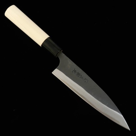 Japanese Ajikiri knife - HIDARI YORIMITSU - White carbon - Kurouchi - Magnoliawood handle - size: 14.5cm