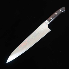 Japanese Chef Knife Gyuto - TAKESHI SAJI - Blue Steel No.2 Damascus - Colored - Ironwood Handle - Size: 18/21/24cm