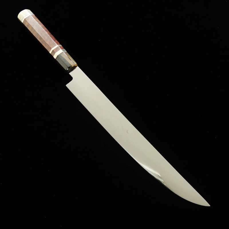Faca Katanagata Fuji Honyaki em aço branco SUISIN, acabamento espelhado total, cabo triplo em madeira Snakewood com detalhes em prata (300mm)