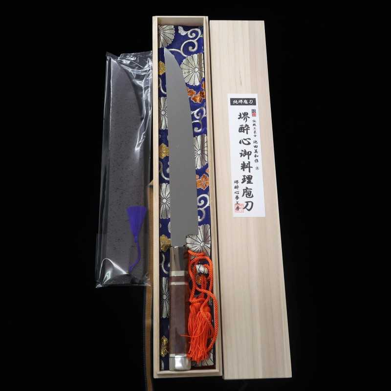 Faca Katanagata Fuji Honyaki em aço branco SUISIN, acabamento espelhado total, cabo triplo em madeira Snakewood com detalhes em prata (300mm)