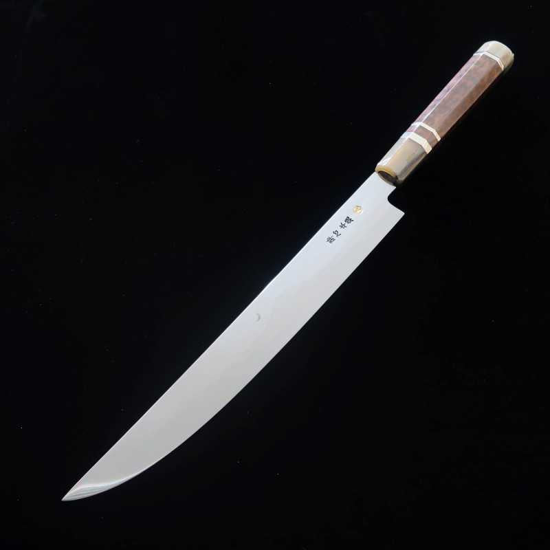 Faca Katanagata Fuji Honyaki em aço branco SUISIN, acabamento espelhado total, cabo triplo em madeira Snakewood com detalhes em prata (300mm)