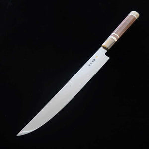 Faca Katanagata Fuji Honyaki em aço branco SUISIN, acabamento espelhado total, cabo triplo em madeira Snakewood com detalhes em prata (300mm)