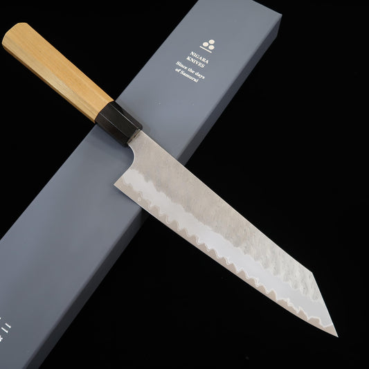 二唐刃物鍛造所NIGARA 青紙スーパー みがき槌目 切付牛刀 チーク柄（210/240mm）