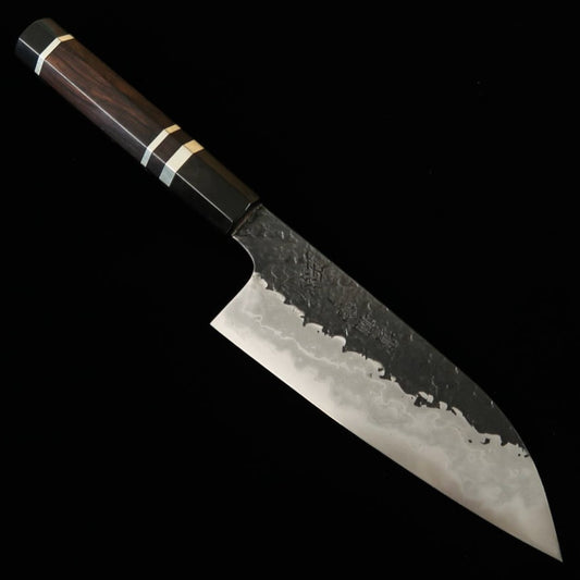 Santoku KISUKE Manaka Enn Aogami No. 1 Damasco martelado Black Cabo  customizado em ébano (160mm)