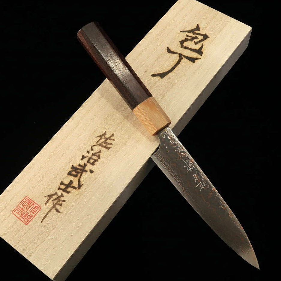 Takeshi Saji Petty Knife, VG10 Colored Damascus with Rosewood Octagonal Handle (130mm)