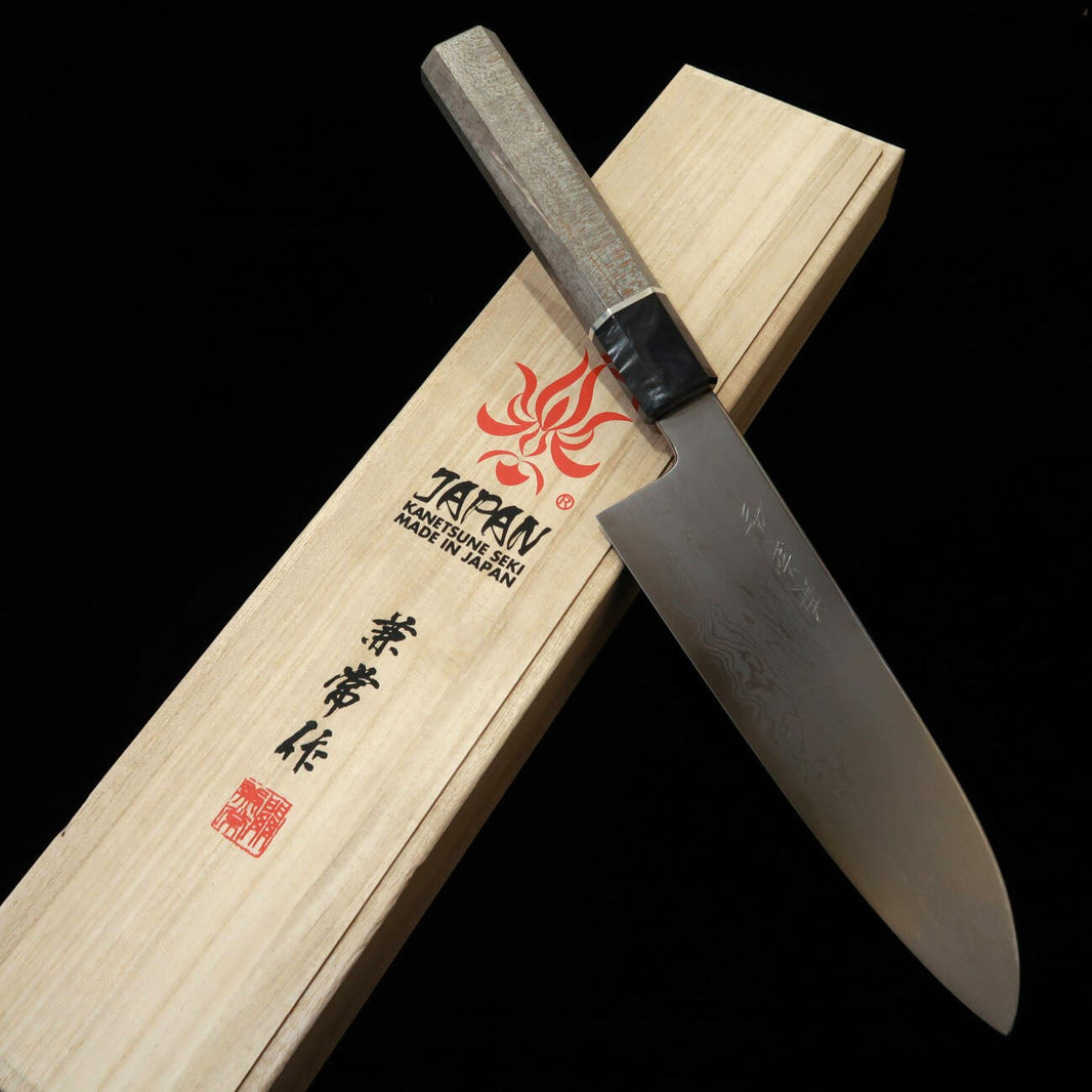 Kanetsune's Yohki Series Japanese Santoku Knife, Blue Paper No. 1, Damascus KC-457, with Stabilized Wood Handle (180mm)