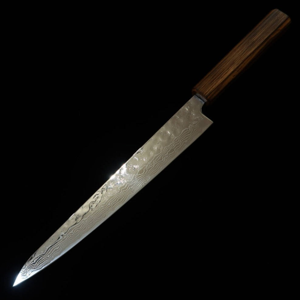 Miura Sujihiki Slicer 440C, Mirror Finish, Damascus, Black Oak Handle (240mm)