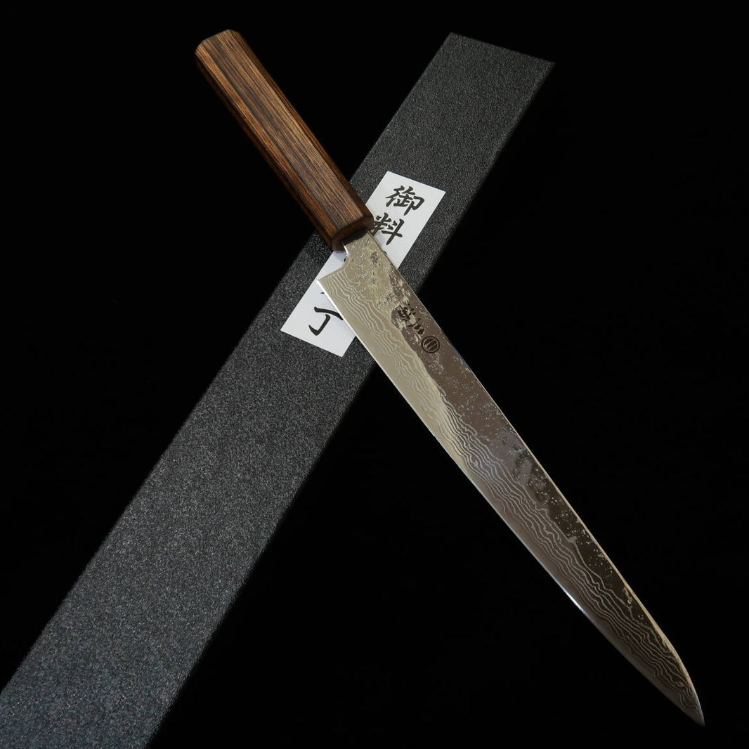 MIURA Sujihiki Slicer, 440C, Mirrored Finish, Damascus, Black Oak Handle (240mm)