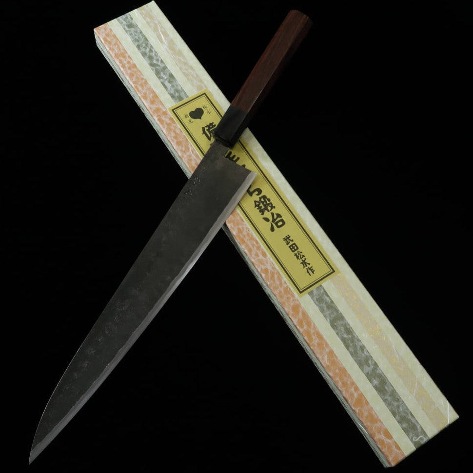 Takeda Hamono TAKEDA - Forja artesanal de Bitchū - Sujihiki/Yanagiba de doble filo, extra grande, acero Hitachi Aogami Super (270 mm)