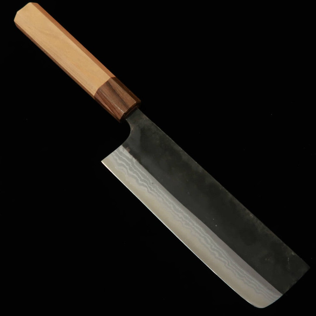 KAMO Nakiri, Blue Carbon, Black Damascus, Cherry Blossom Octagonal Handle (165mm)