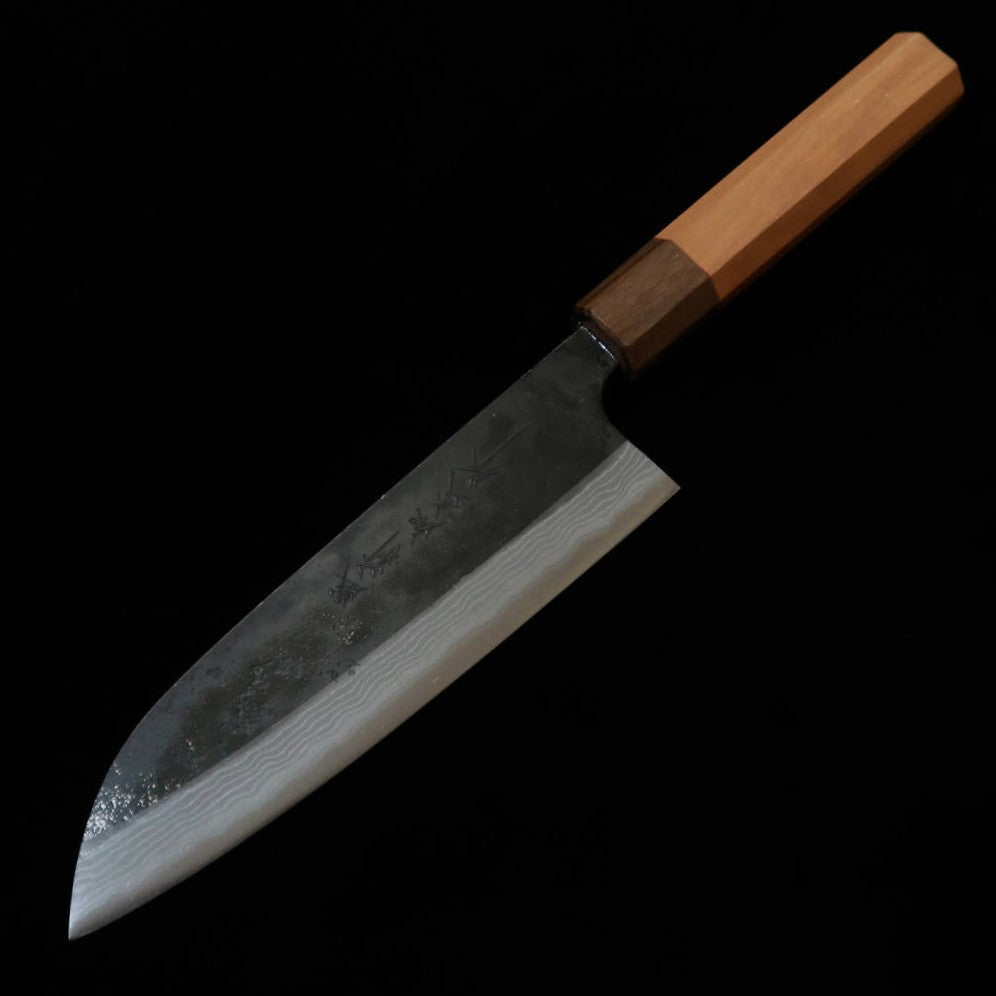 Santoku KAMO Hamono Seisakusho, Aogami no.2 acabado negro, damasco, mango octogonal de madera de cerezo (165 mm)