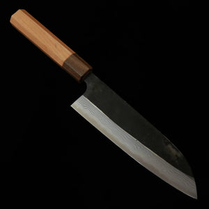 Kamo Cutlery Santoku, Blue Carbon, Black Damascus Steel, Cherry Blossom Octagonal Handle (165mm)