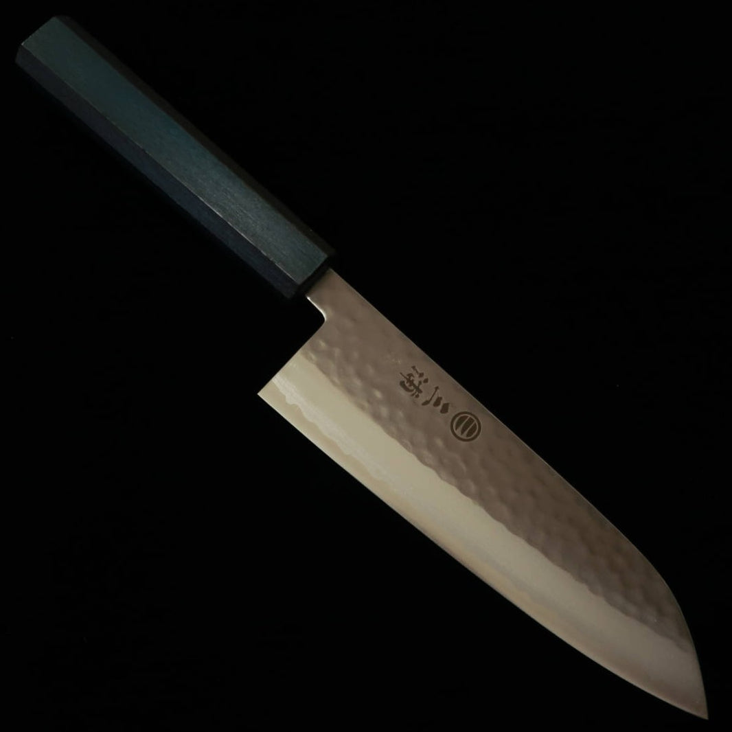 MIURA Santoku, VG10 Hammered Damascus, Flower Kasumi, Indigo Handle (165mm)