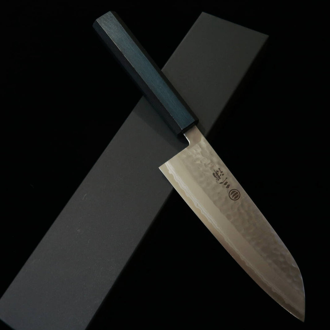 MIURA Santoku, VG10 Hammered Damascus, Flower Kasumi, Indigo Handle (165mm)
