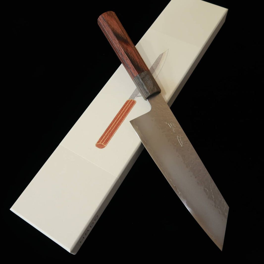 HADO Hadō Shiosai VG10, acabado martillado, mango de caoba gris, bunka (180 mm)