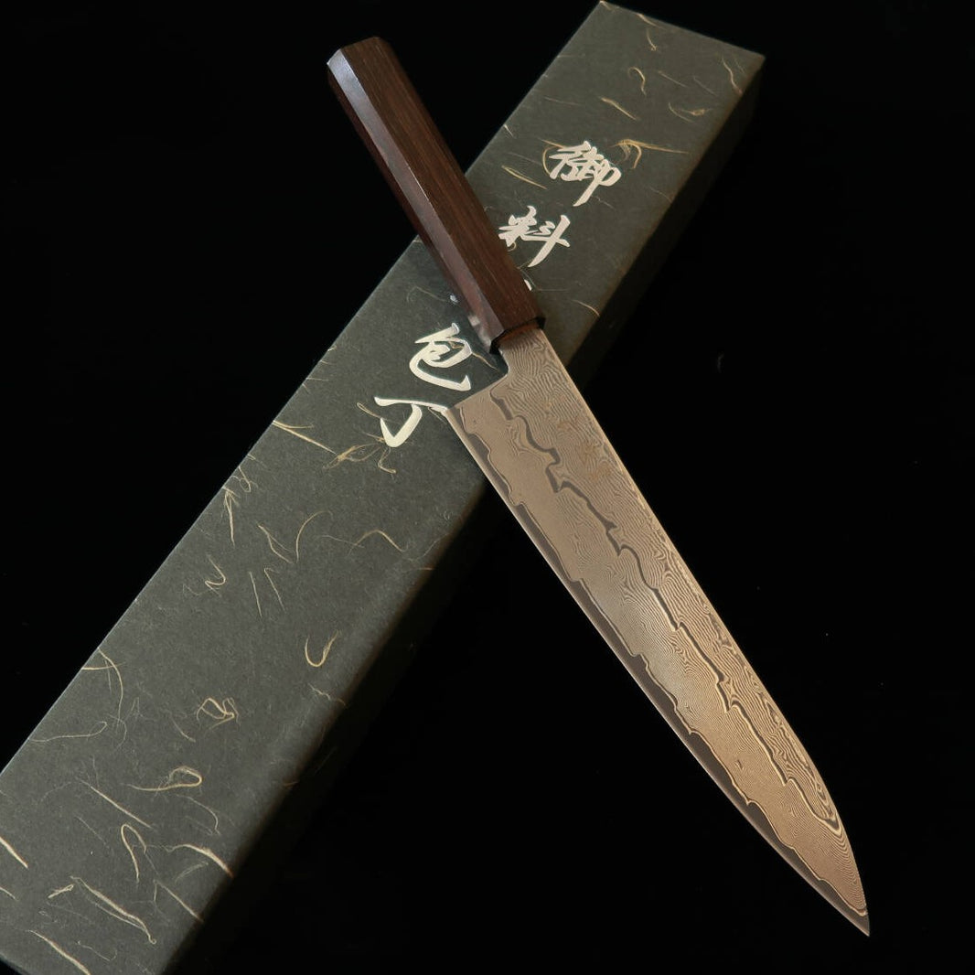 HATSUKOKORO gyuto Gingami n°3 damas, manche monobloc en ébène (210 mm)