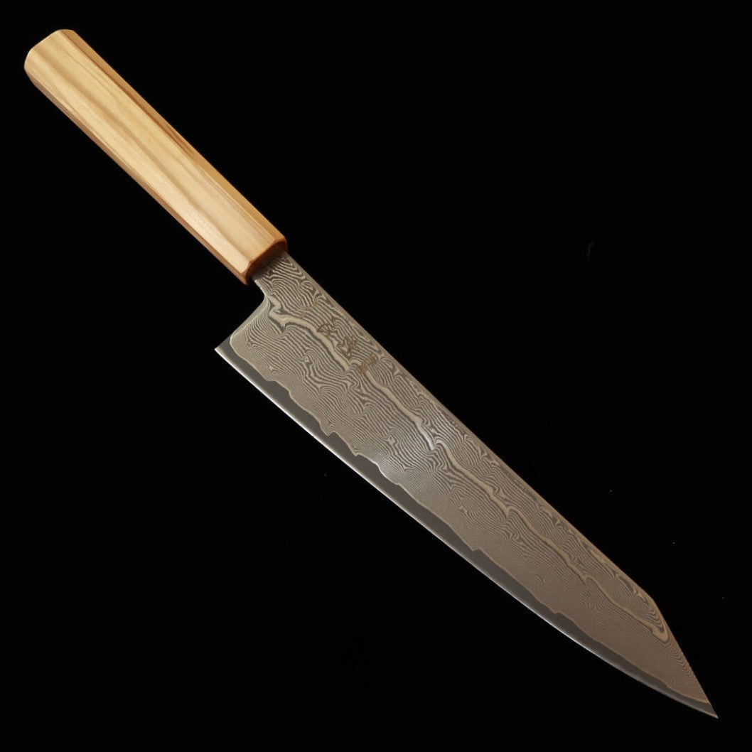 初心 HATSUKOKORO 切付牛刀 銀紙三号 ダマスカス オリーブ八角柄 (210mm)